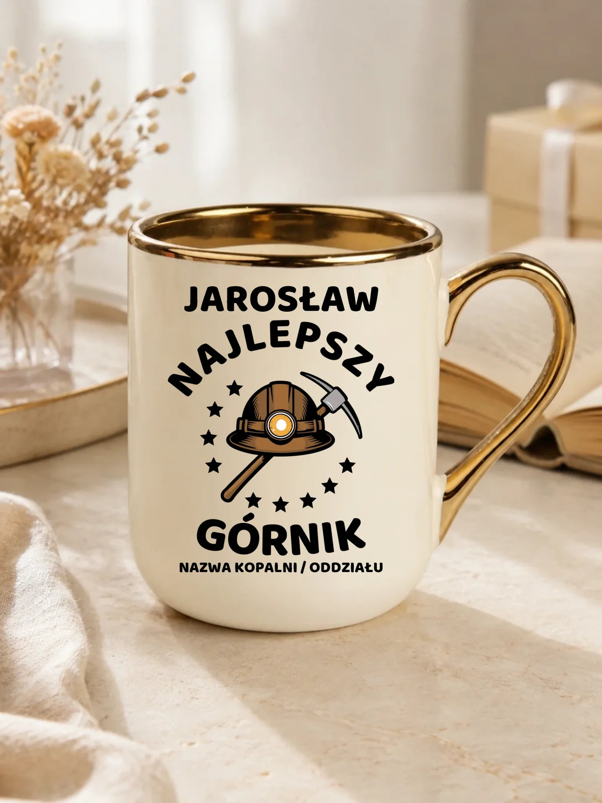 Prezent na Barbórkę biały kubek elegant z imieniem i nadrukiem - Najlepszy Górnik