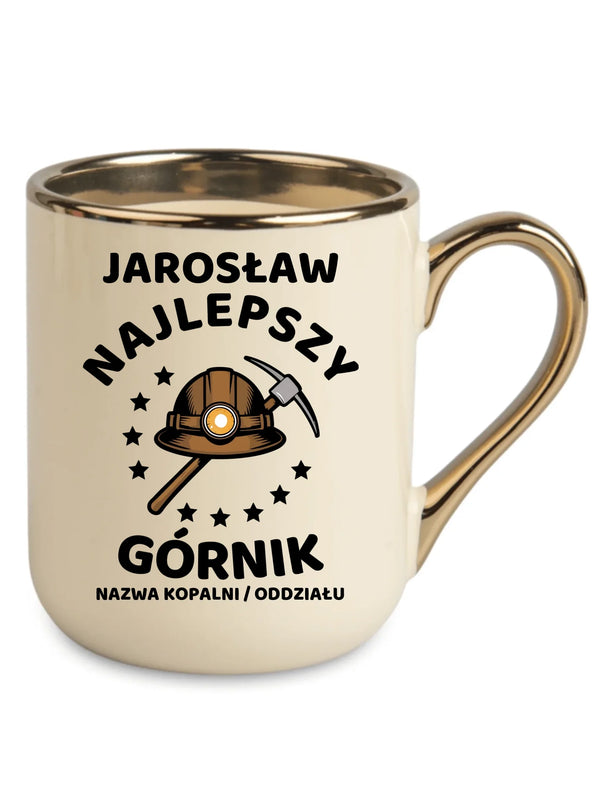 Kremowy kubek elegant ze złotym rantem i imieniem dla górnika - Najlepszy Górnik
