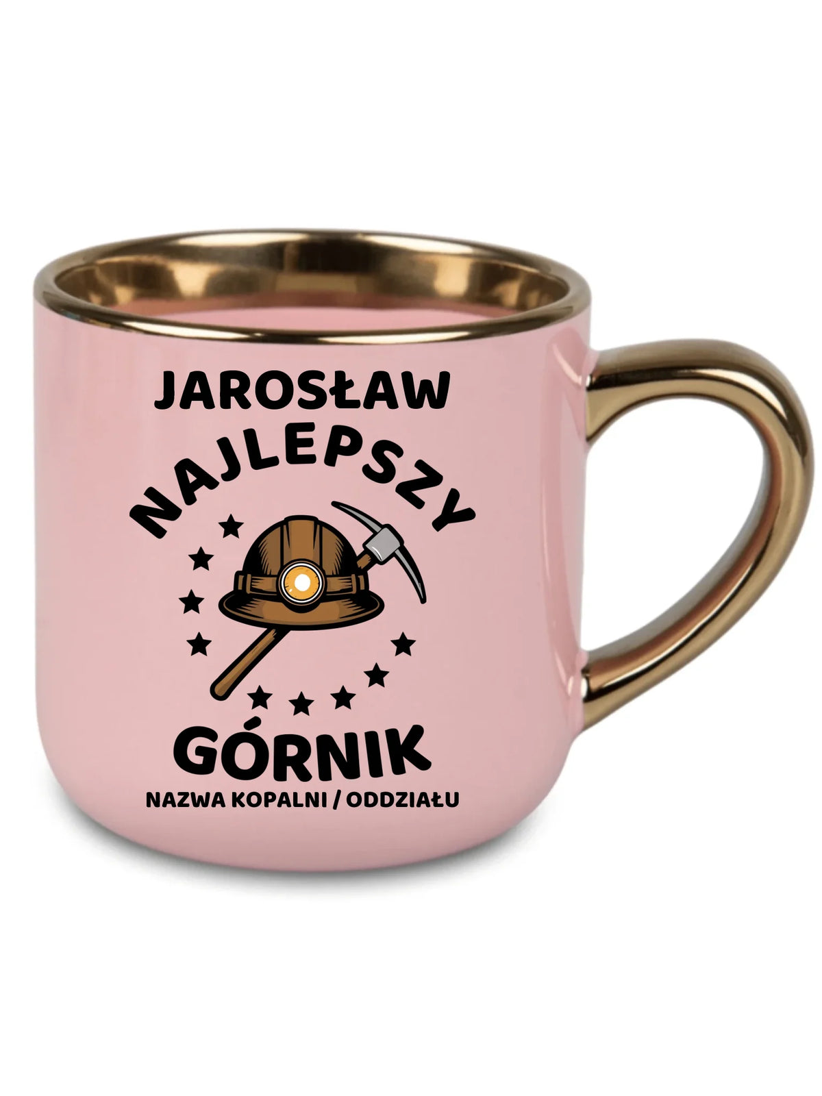 Różowy kubek ze złotym rantem i imieniem dla górnika - Najlepszy Górnik