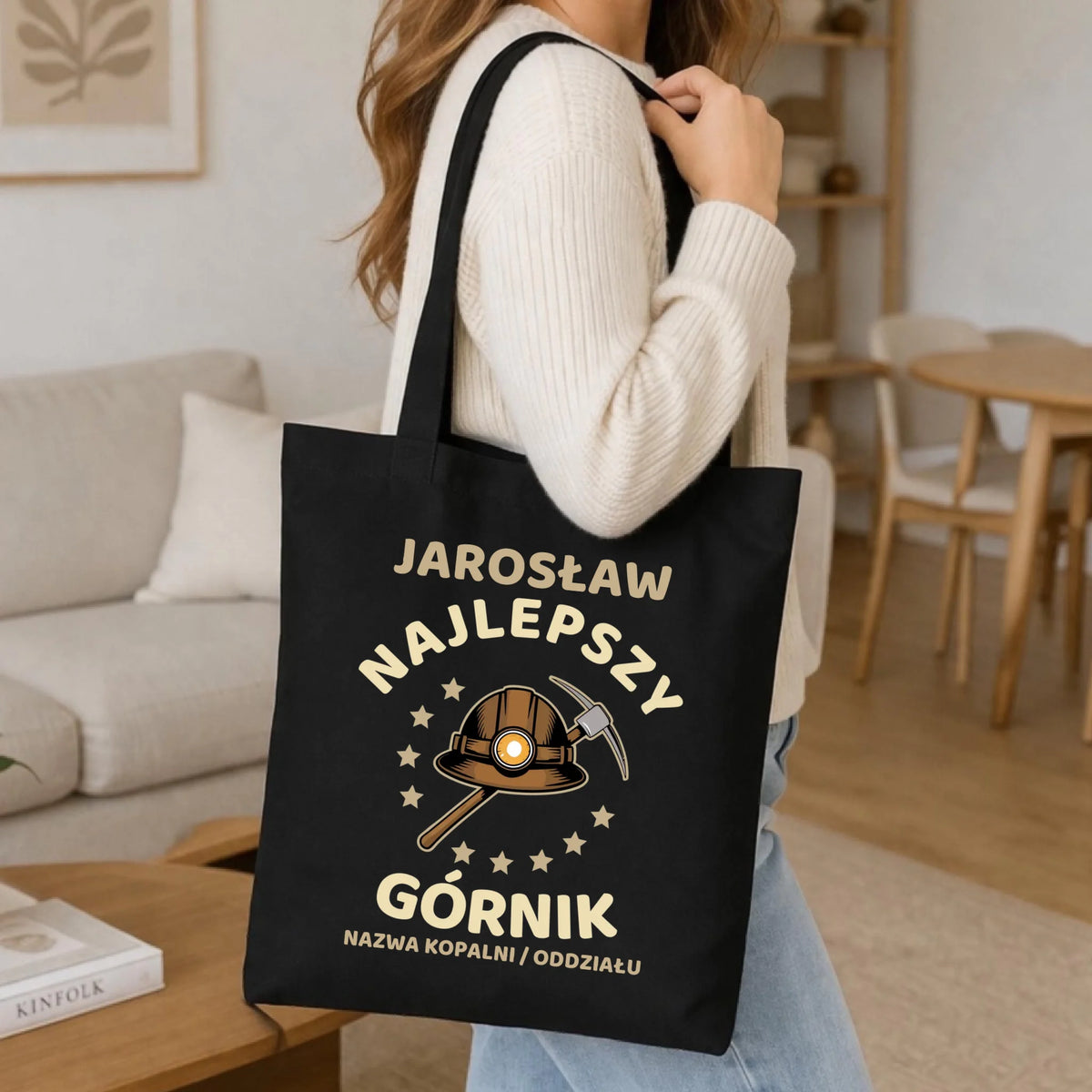 Prezent na Barbórkę czarna torba z imieniem i nadrukiem - Najlepszy Górnik