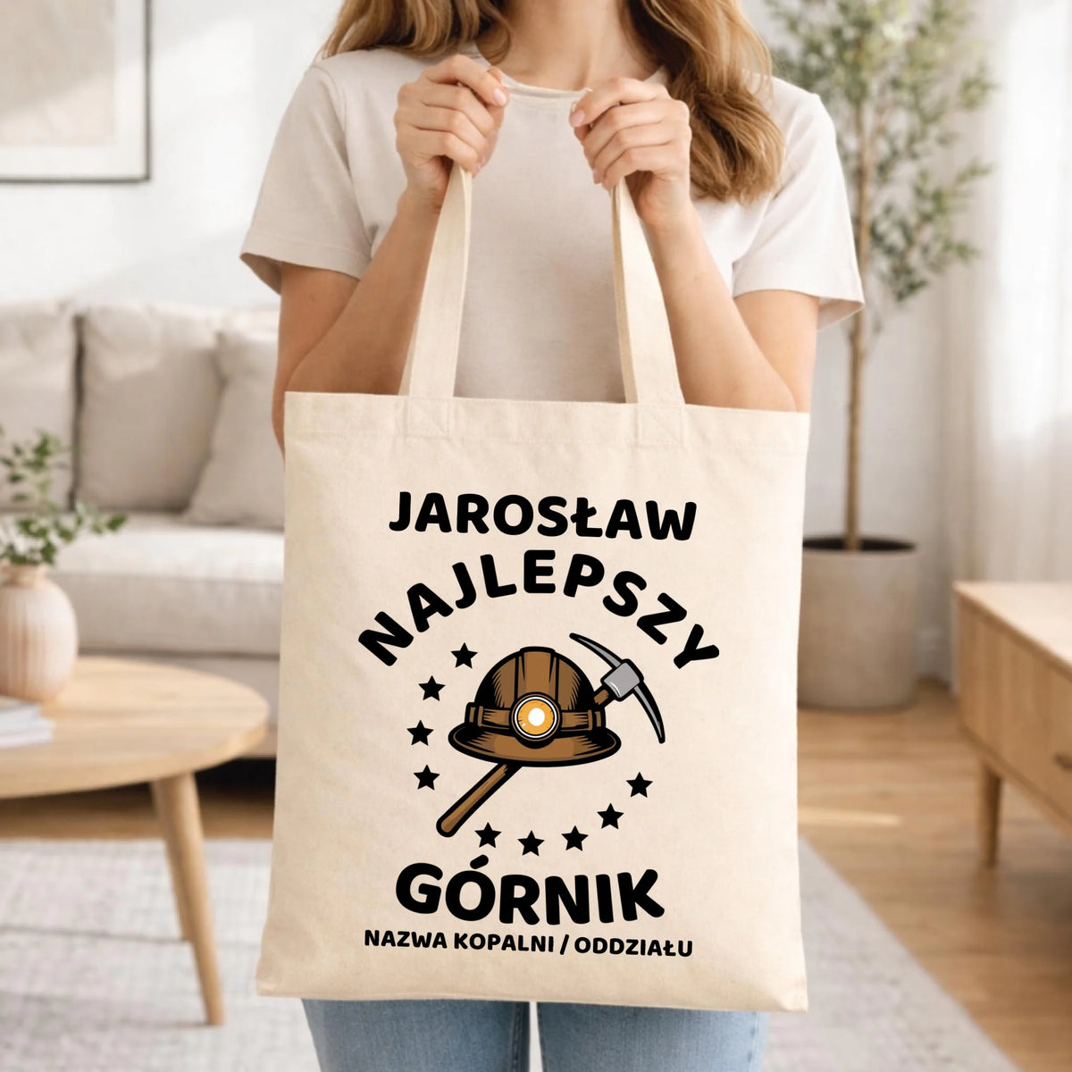 Prezent na Dzień Górnika naturalna torba z imieniem i nadrukiem - Najlepszy Górnik