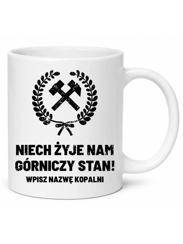 Biały kubek z nazwą kopalni dla górnika - Niech żyje nam górniczy stan
