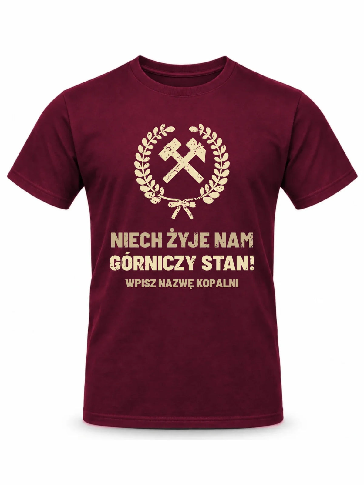 Burgundowa koszulka męska z nazwą kopalni dla górnika - Niech żyje nam górniczy stan
