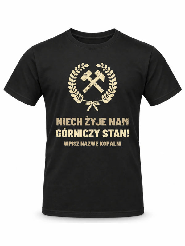 Czarna koszulka męska z nazwą kopalni dla górnika - Niech żyje nam górniczy stan