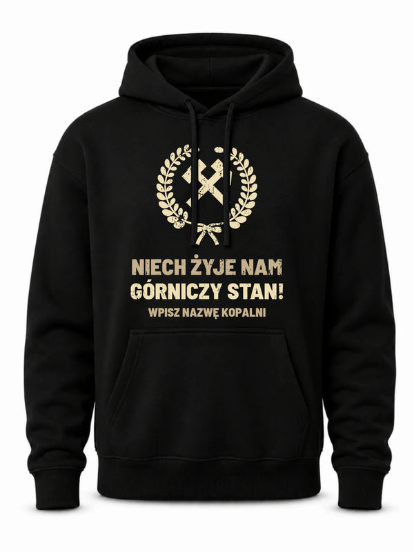 Czarna bluza męska z kapturem i nazwą kopalni dla górnika - Niech żyje nam górniczy stan