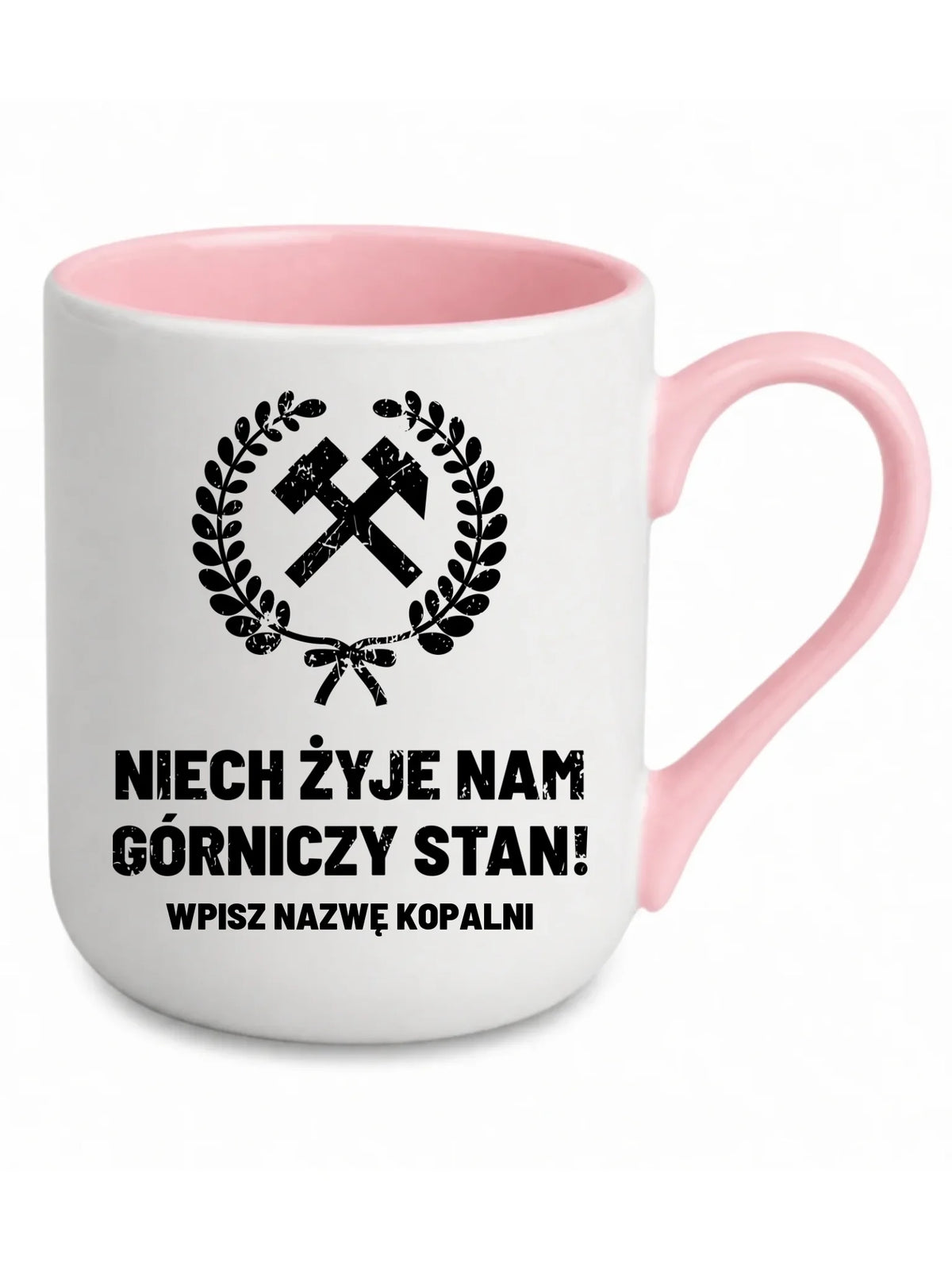 Kubek elegant z różowym środkiem i nazwą kopalni dla górnika - Niech żyje nam górniczy stan