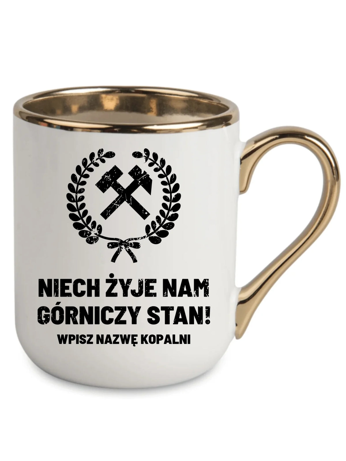 Biały kubek elegant ze złotym rantem i nazwą kopalni dla górnika - Niech żyje nam górniczy stan