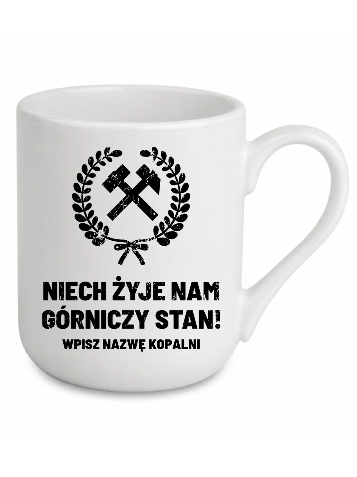 Biały kubek elegant z nazwą kopalni dla górnika - Niech żyje nam górniczy stan