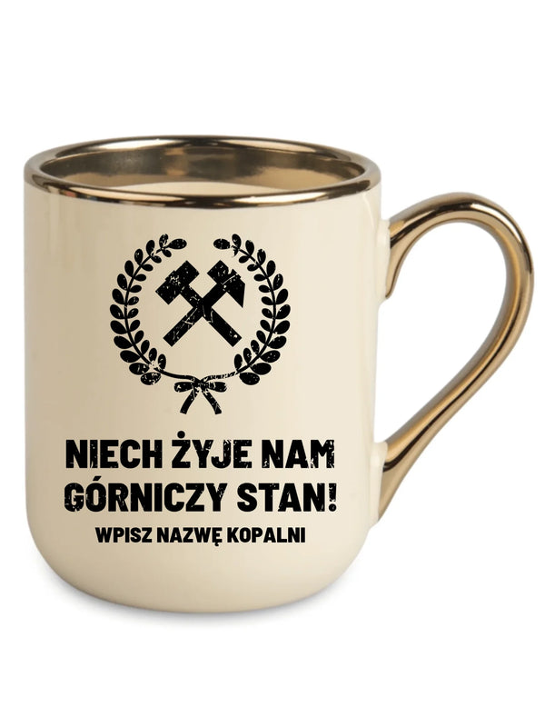 Kremowy kubek elegant ze złotym rantem i nazwą kopalni dla górnika - Niech żyje nam górniczy stan