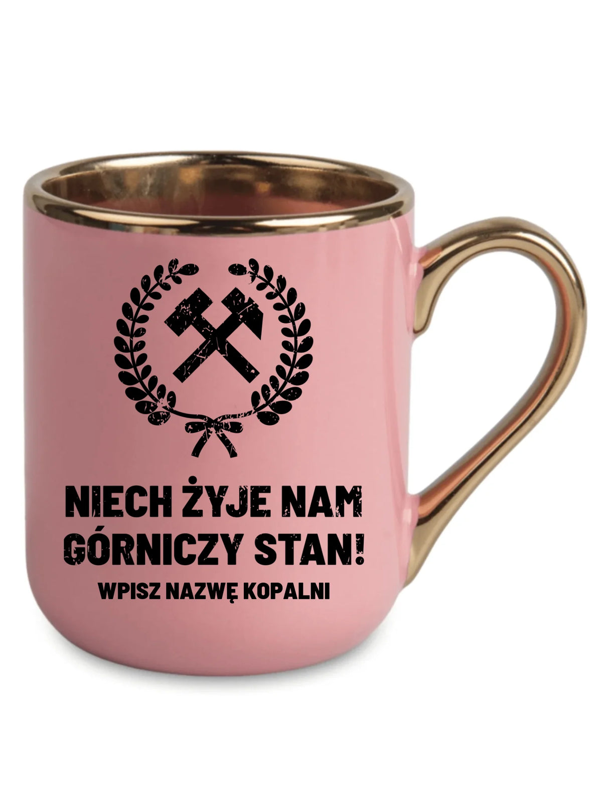 Różowy kubek elegant ze złotym rantem i nazwą kopalni dla górnika - Niech żyje nam górniczy stan