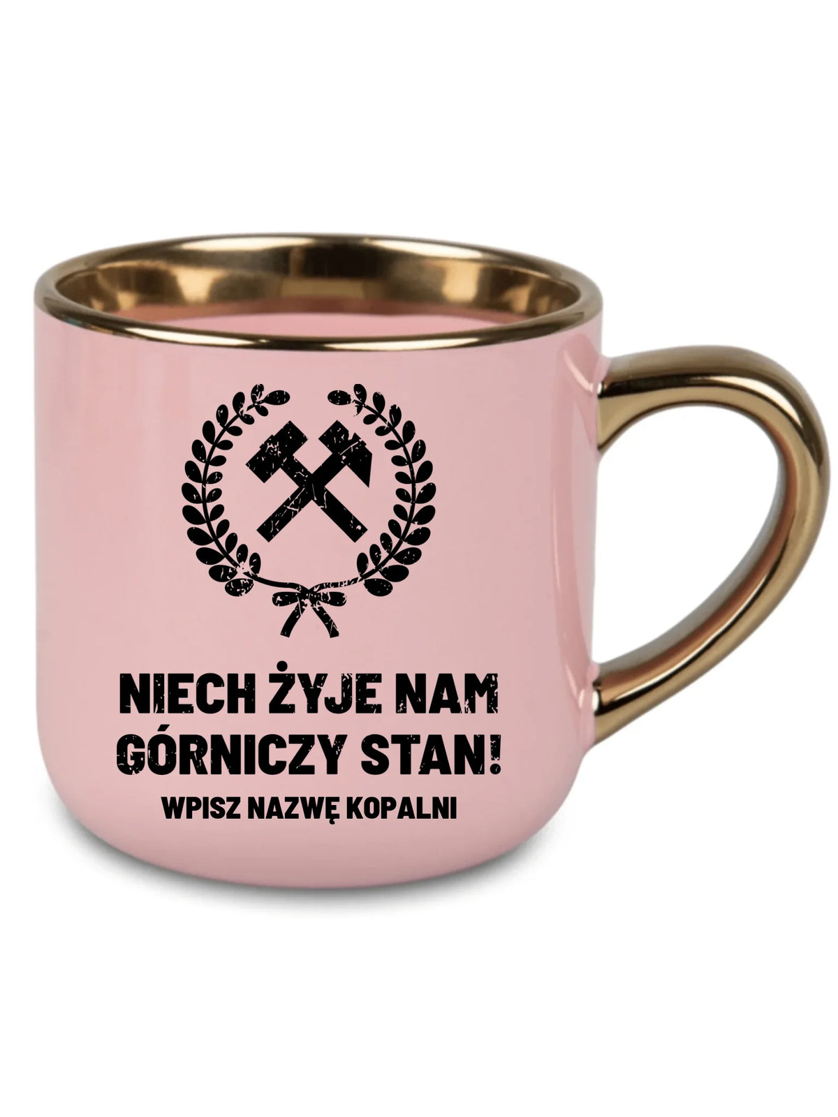 Różowy kubek ze złotym rantem i nazwą kopalni dla górnika - Niech żyje nam górniczy stan