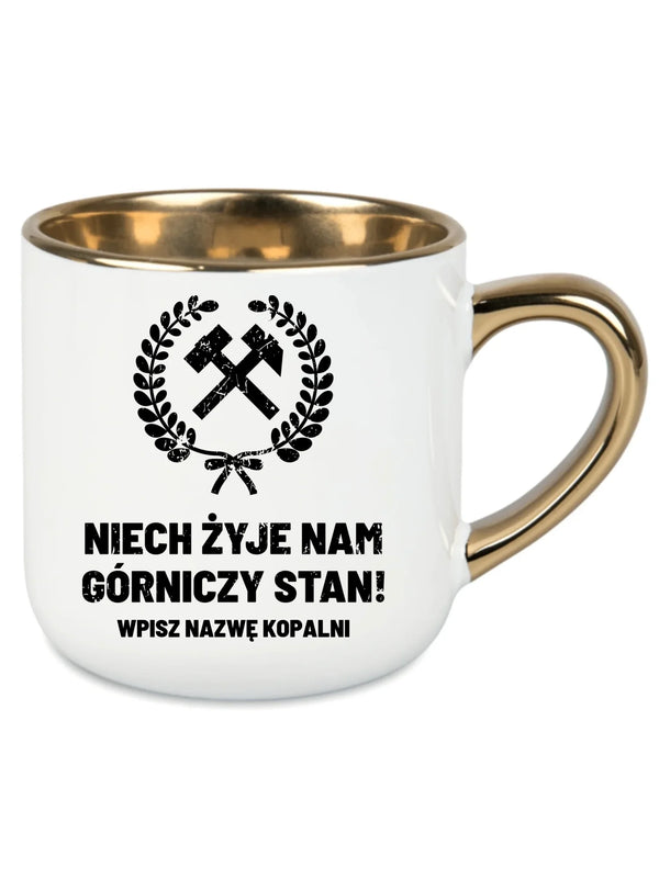 Biały kubek ze złotym rantem i nazwą kopalni dla górnika - Niech żyje nam górniczy stan