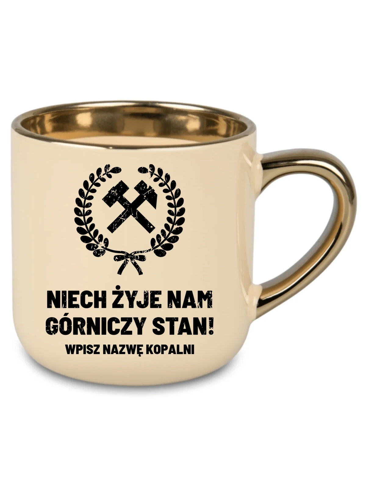 Kremowy kubek ze złotym rantem i nazwą kopalni dla górnika - Niech żyje nam górniczy stan