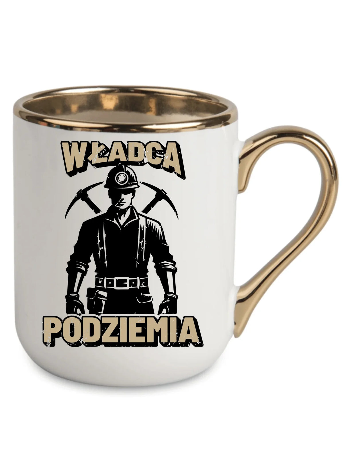 Biały ze złotym rantem i uchem kubek elegant dla górnika - Władca Podziemia