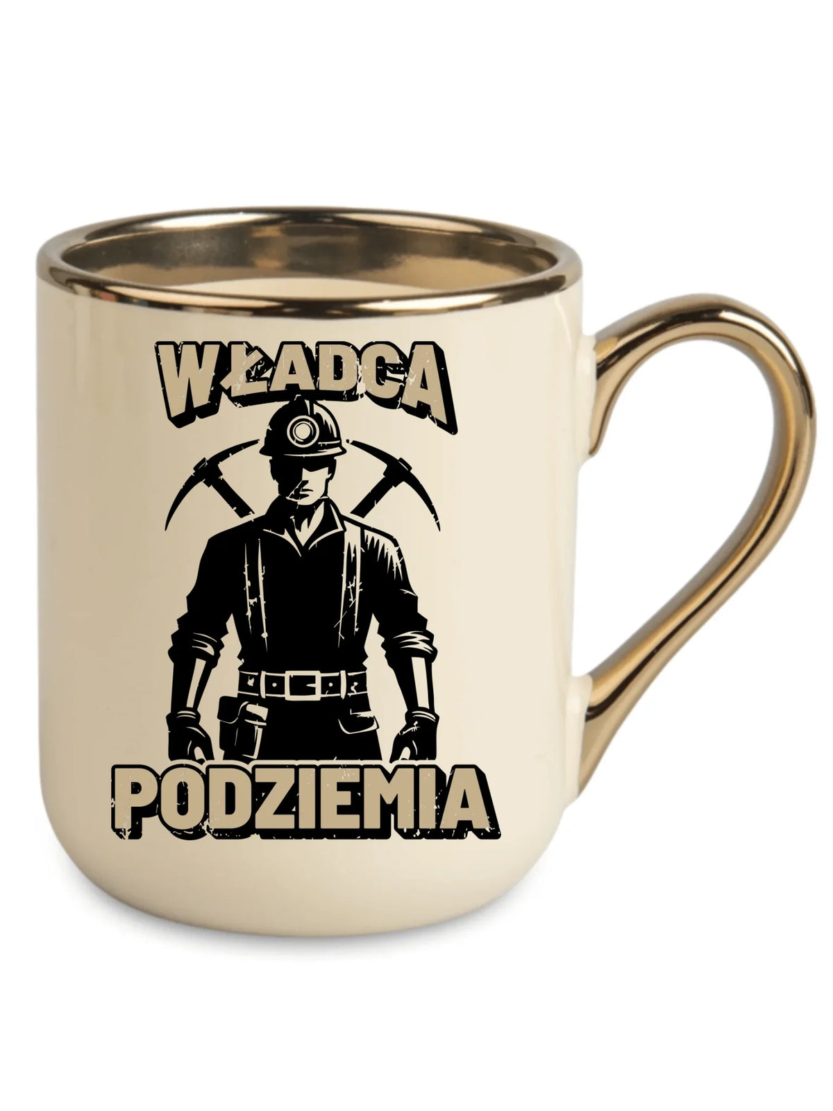 Kremowy ze złotym rantem i uchem kubek elegant dla górnika - Władca Podziemia