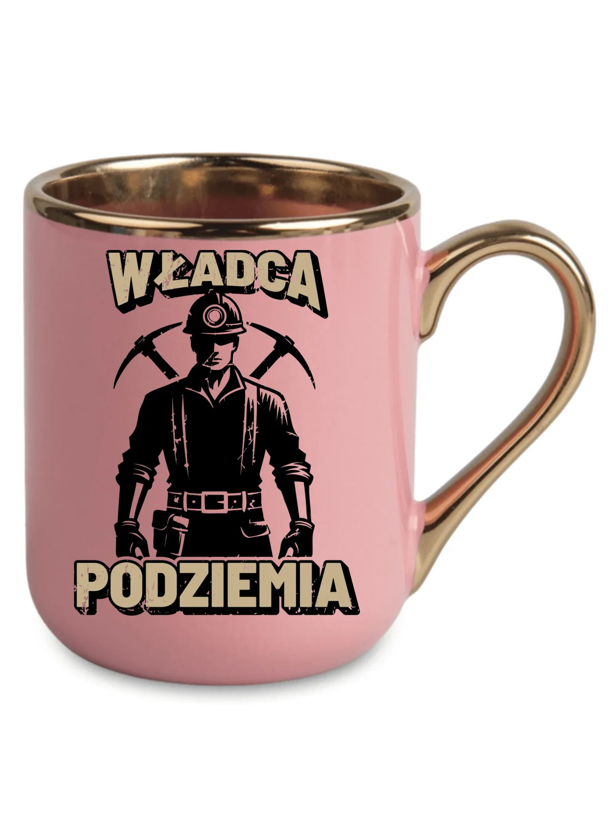 Różowy ze złotym rantem i uchem kubek elegant dla górnika - Władca Podziemia