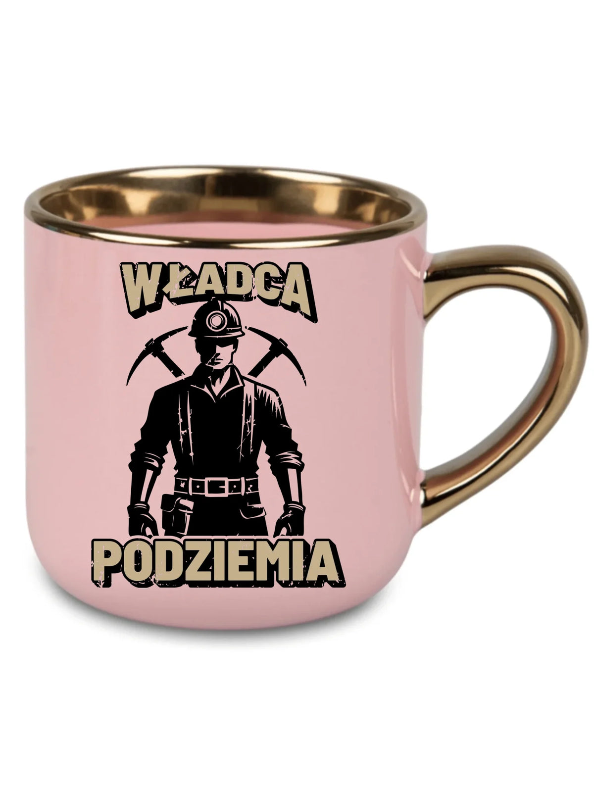 Różowy kubek ze złotym rantem dla górnika - Władca Podziemia