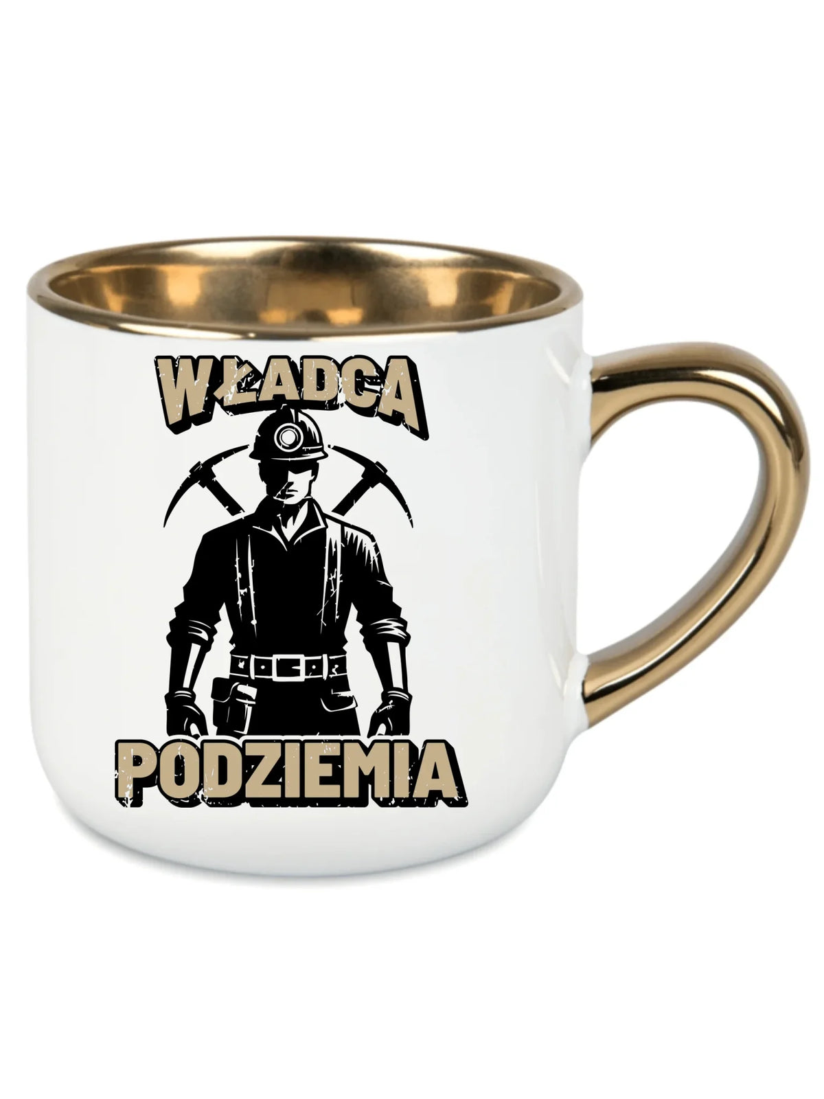 Biały kubek ze złotym rantem dla górnika - Władca Podziemia