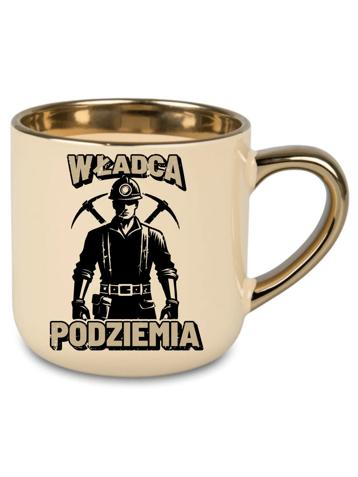 Kremowy kubek ze złotym rantem dla górnika - Władca Podziemia