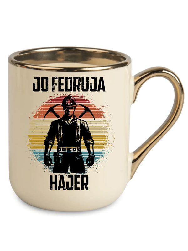 Kremowy ze złotym rantem i uchem kubek elegant dla górnika - Jo fedruja Hajer