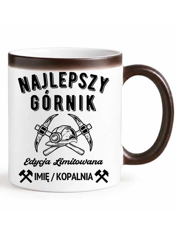 Czarny magiczny kubek z imieniem dla górnika - Edycja Limitowana