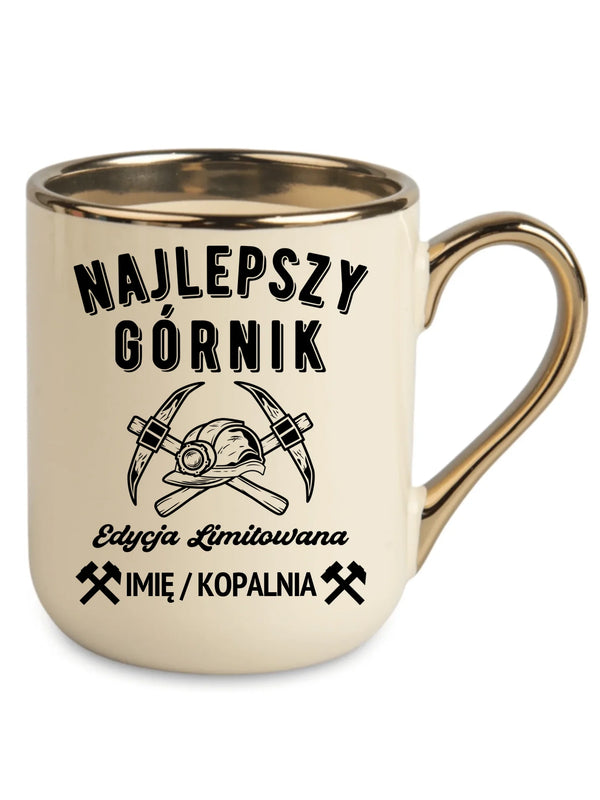 Kremowy kubek elegant ze złotym rantem i imieniem dla górnika - Edycja Limitowana