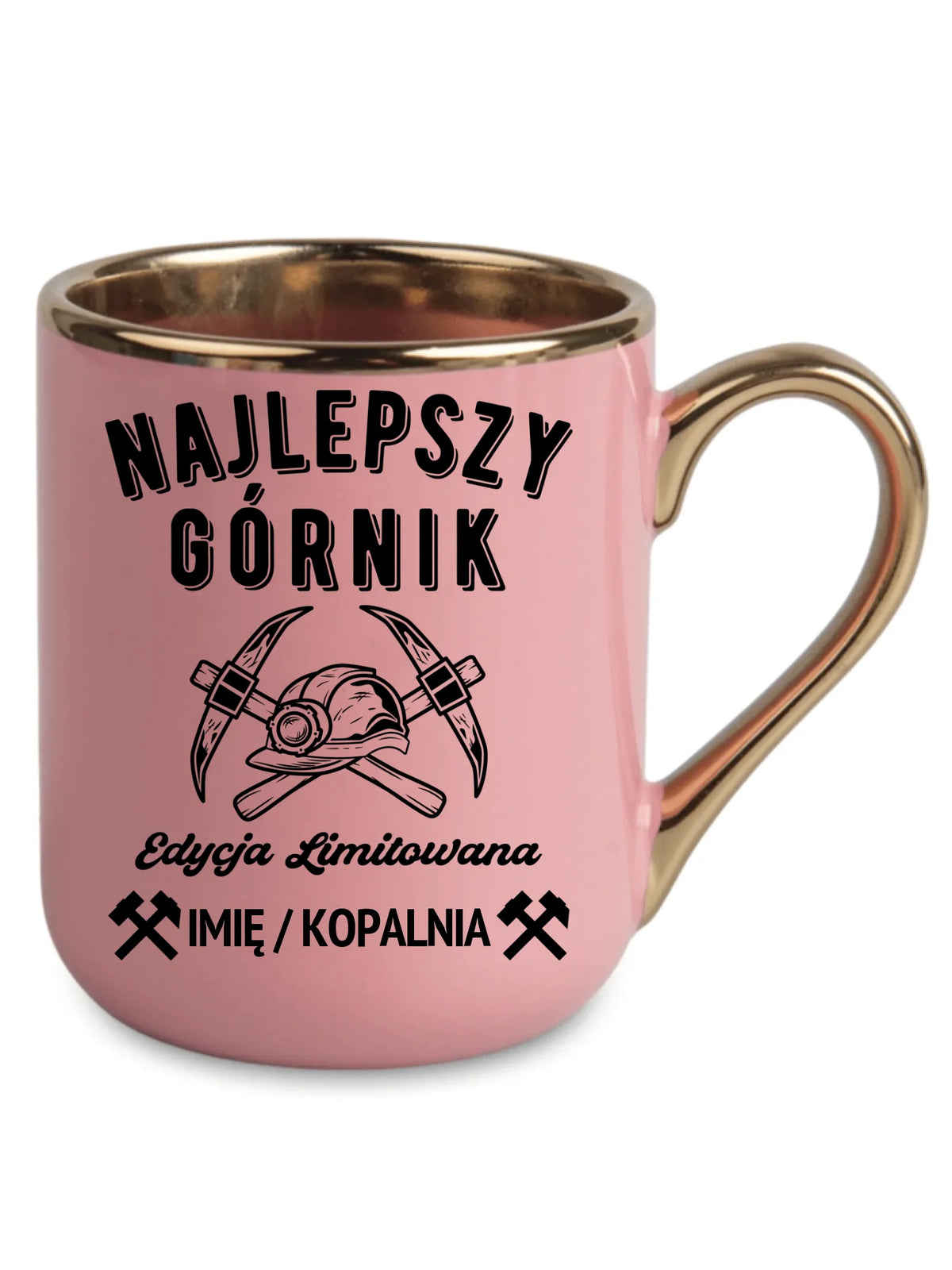 Różowy kubek elegant ze złotym rantem i imieniem dla górnika - Edycja Limitowana