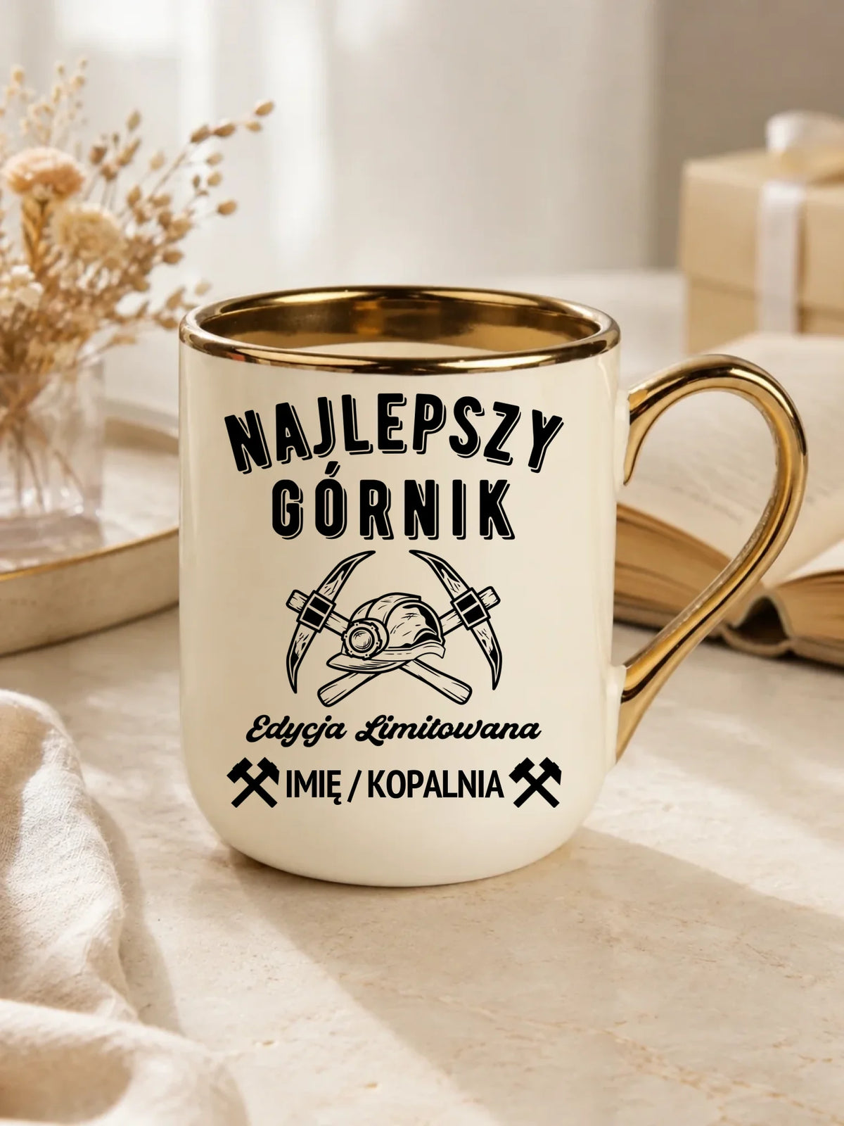 Prezent na Barbórkę biały kubek elegant z imieniem i nadrukiem - Edycja Limitowana