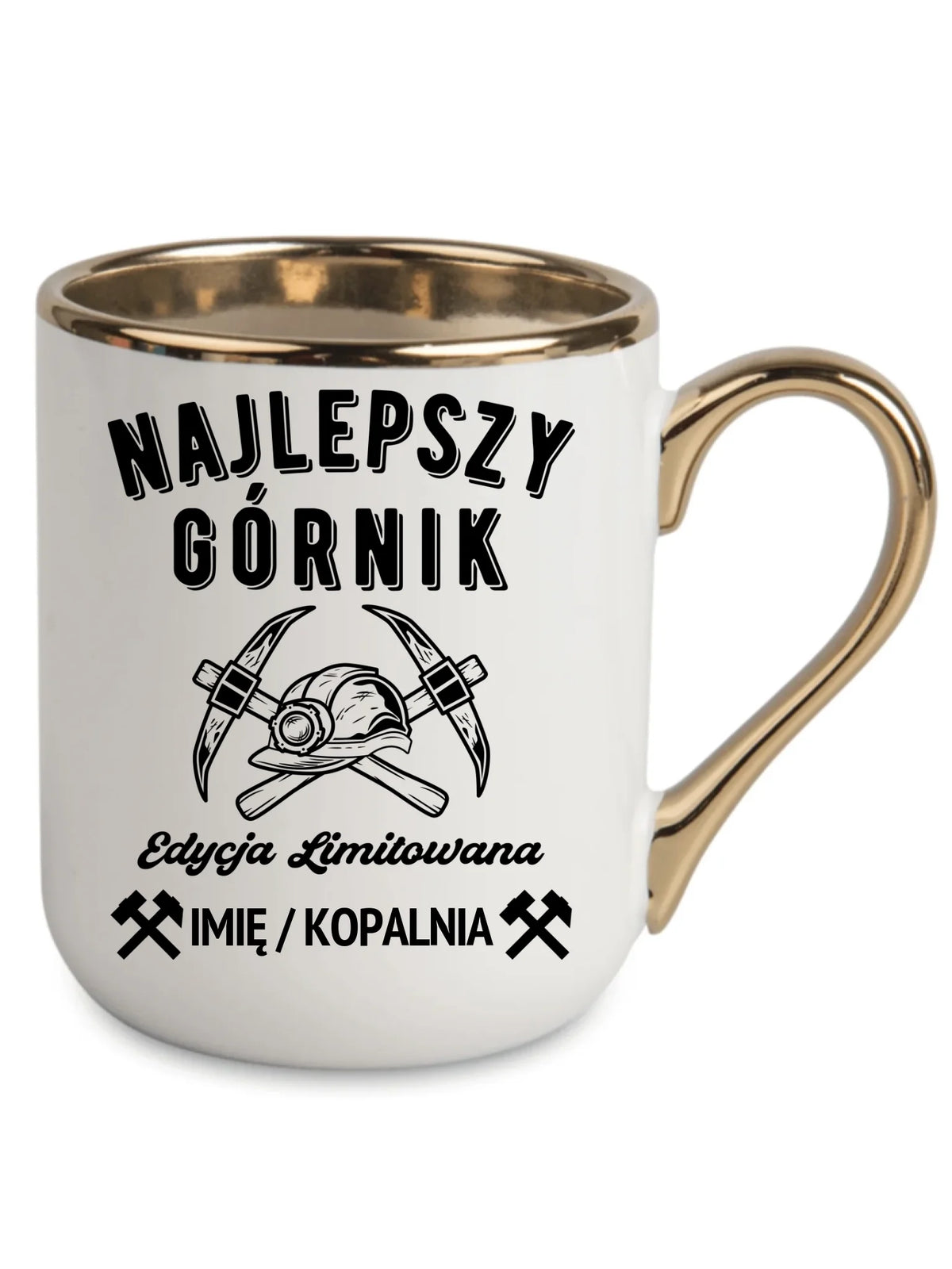 Biały kubek elegant ze złotym rantem i imieniem dla górnika - Edycja Limitowana