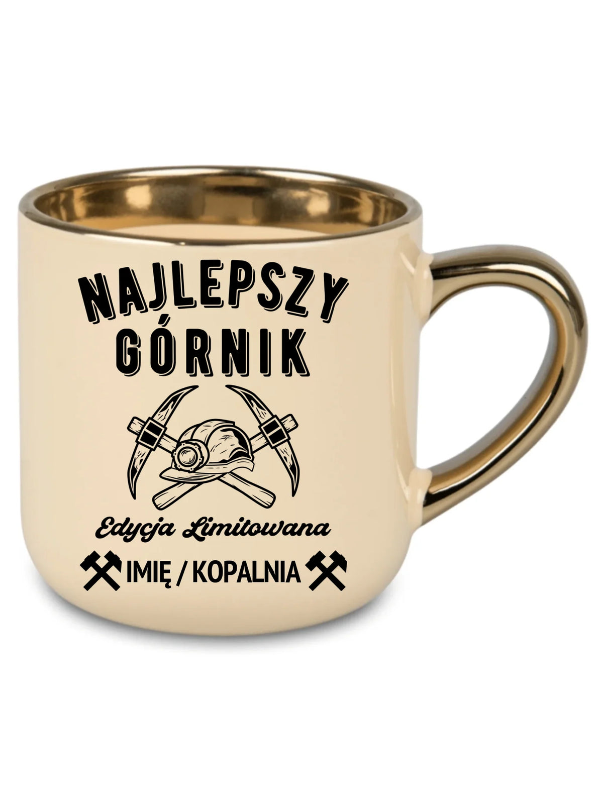 Kremowy kubek ze złotym rantem i imieniem dla górnika - Edycja Limitowana
