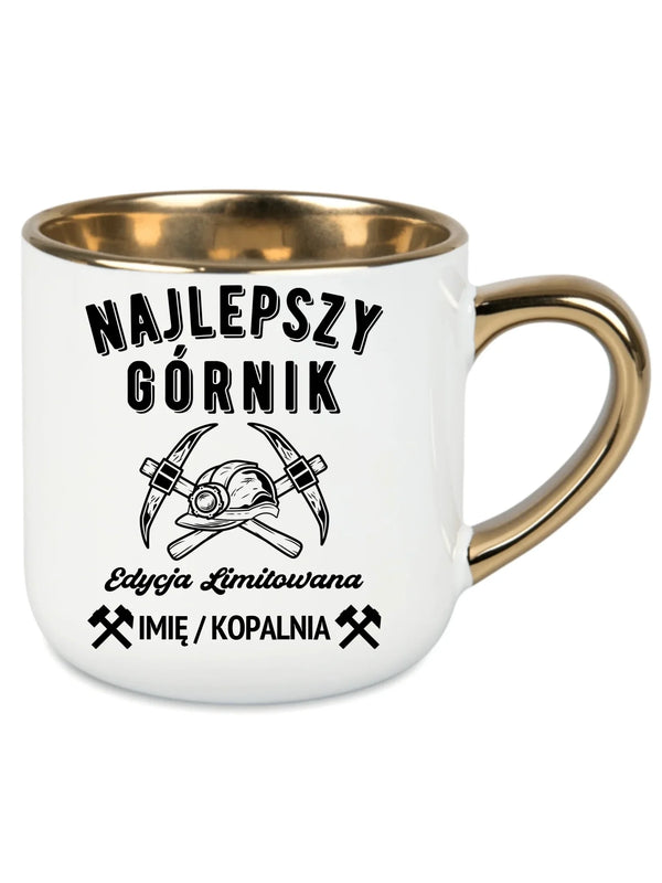 Biały kubek ze złotym rantem i imieniem dla górnika - Edycja Limitowana