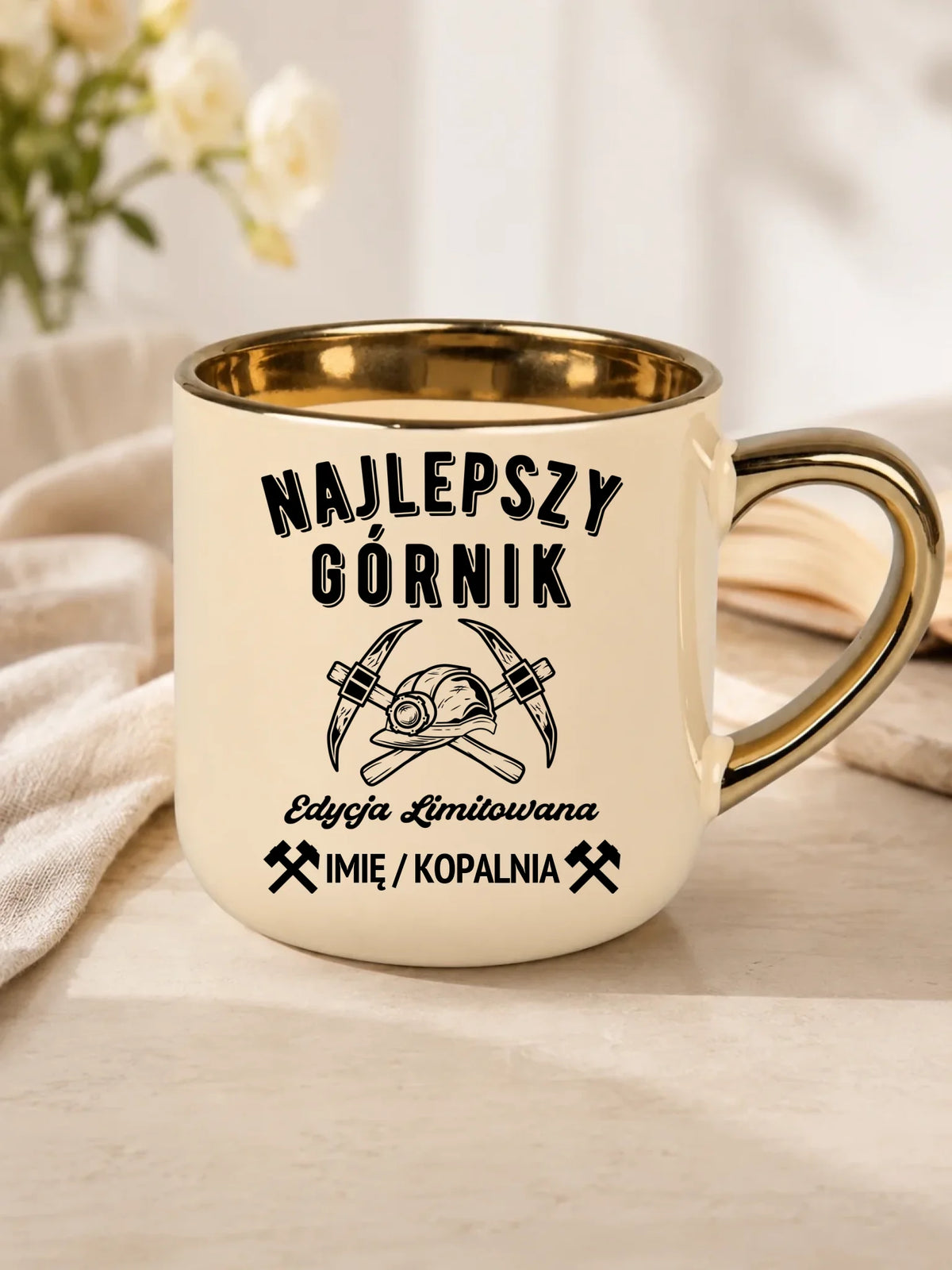 Prezent na Dzień Górnika kubek ze złotym rantem i imieniem - Edycja Limitowana