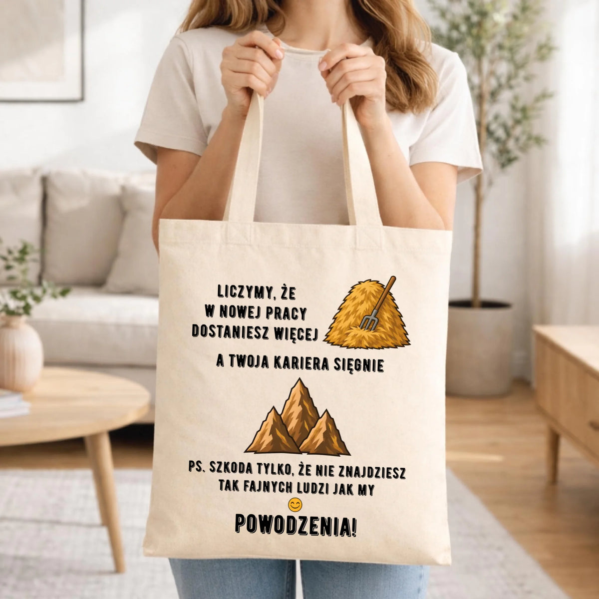 Prezent na pożegnanie z pracy naturalna torba z nadrukiem - W nowej pracy dostaniesz więcej siana