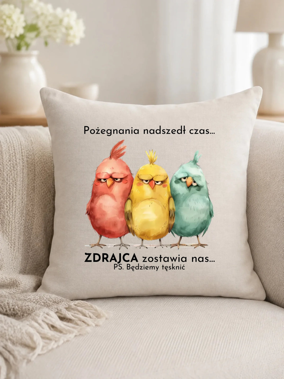 Prezent na pożegnanie z pracy poduszka z nadrukiem - Pożegnania nadszedł czas