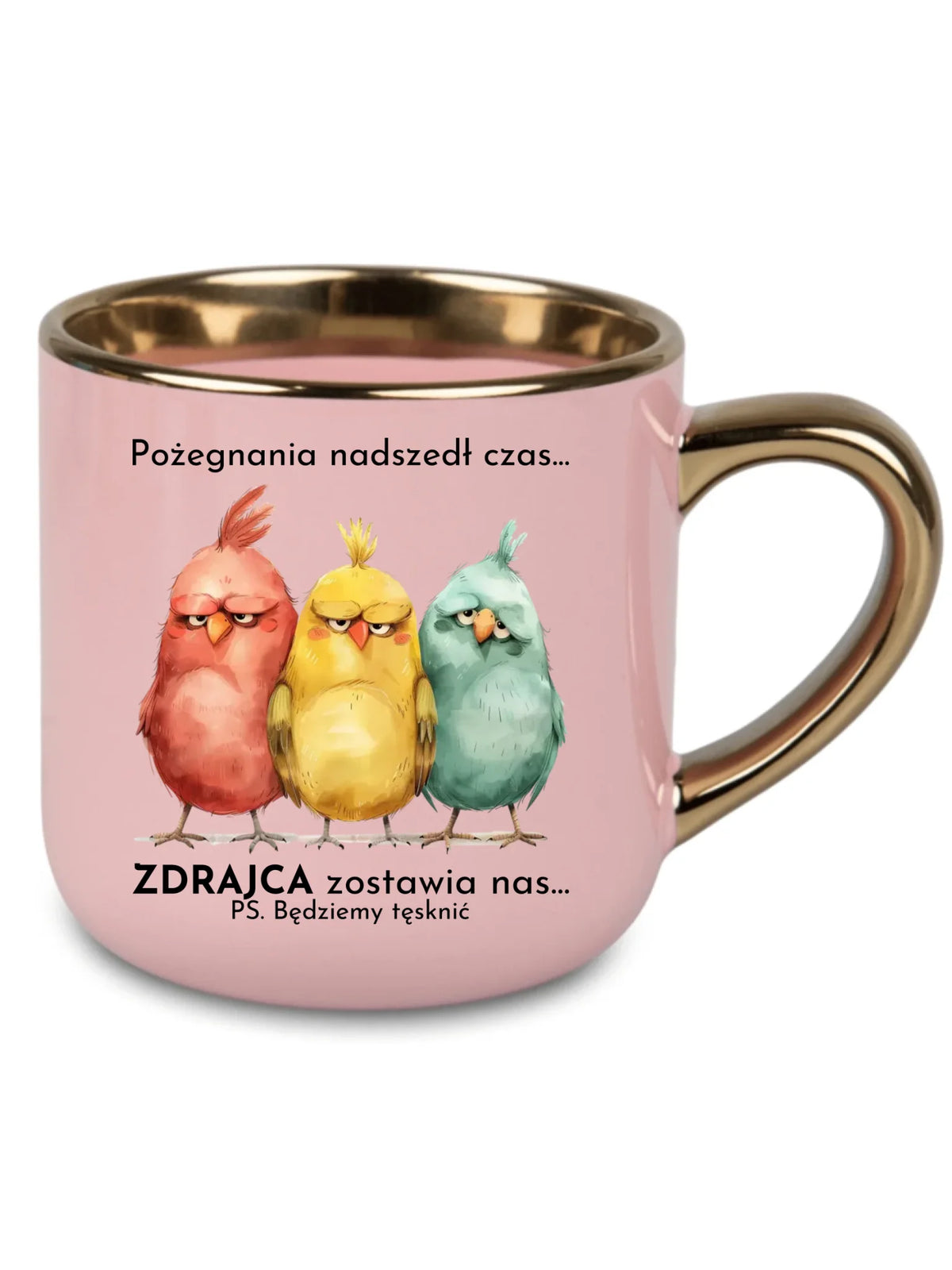 Różowy kubek ze złotym rantem na odejście z pracy - Pożegnania nadszedł czas