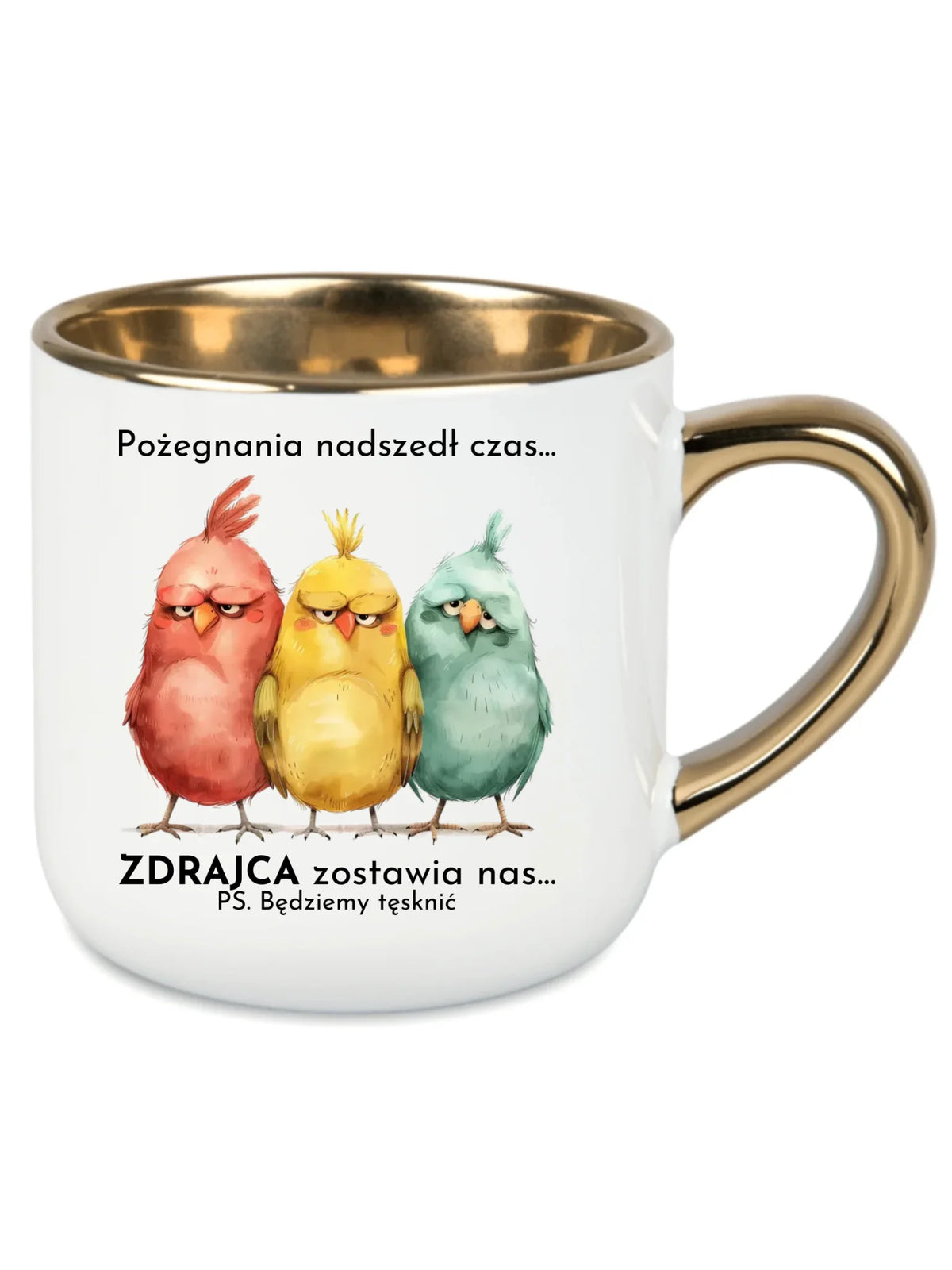 Biały kubek ze złotym rantem na odejście z pracy - Pożegnania nadszedł czas