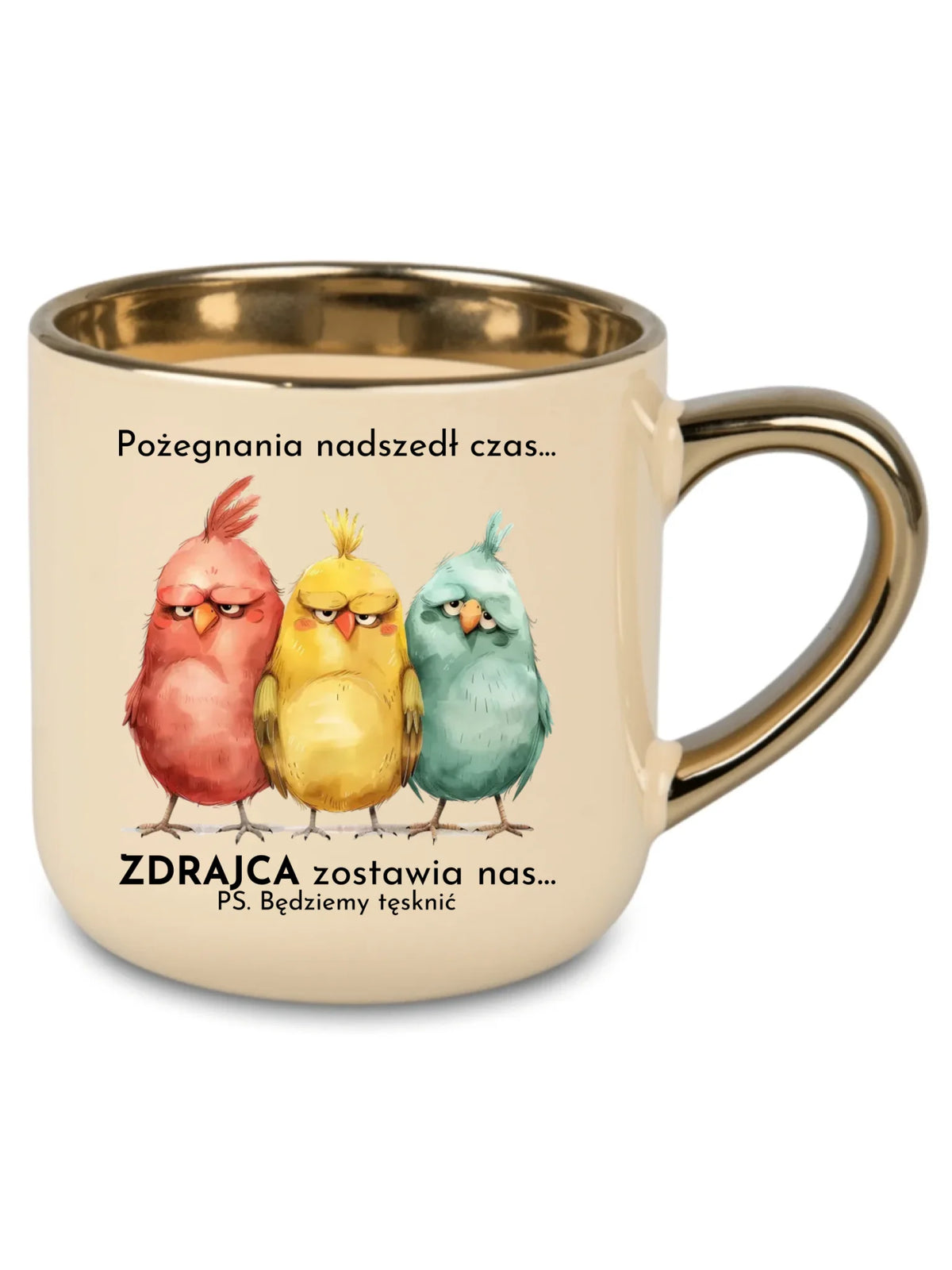 Kremowy kubek ze złotym rantem na odejście z pracy - Pożegnania nadszedł czas