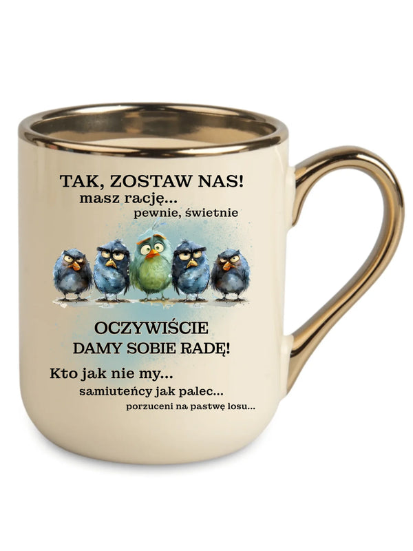 Kremowy kubek elegant ze złotym rantem na odejście z pracy - Tak, zostaw nas!