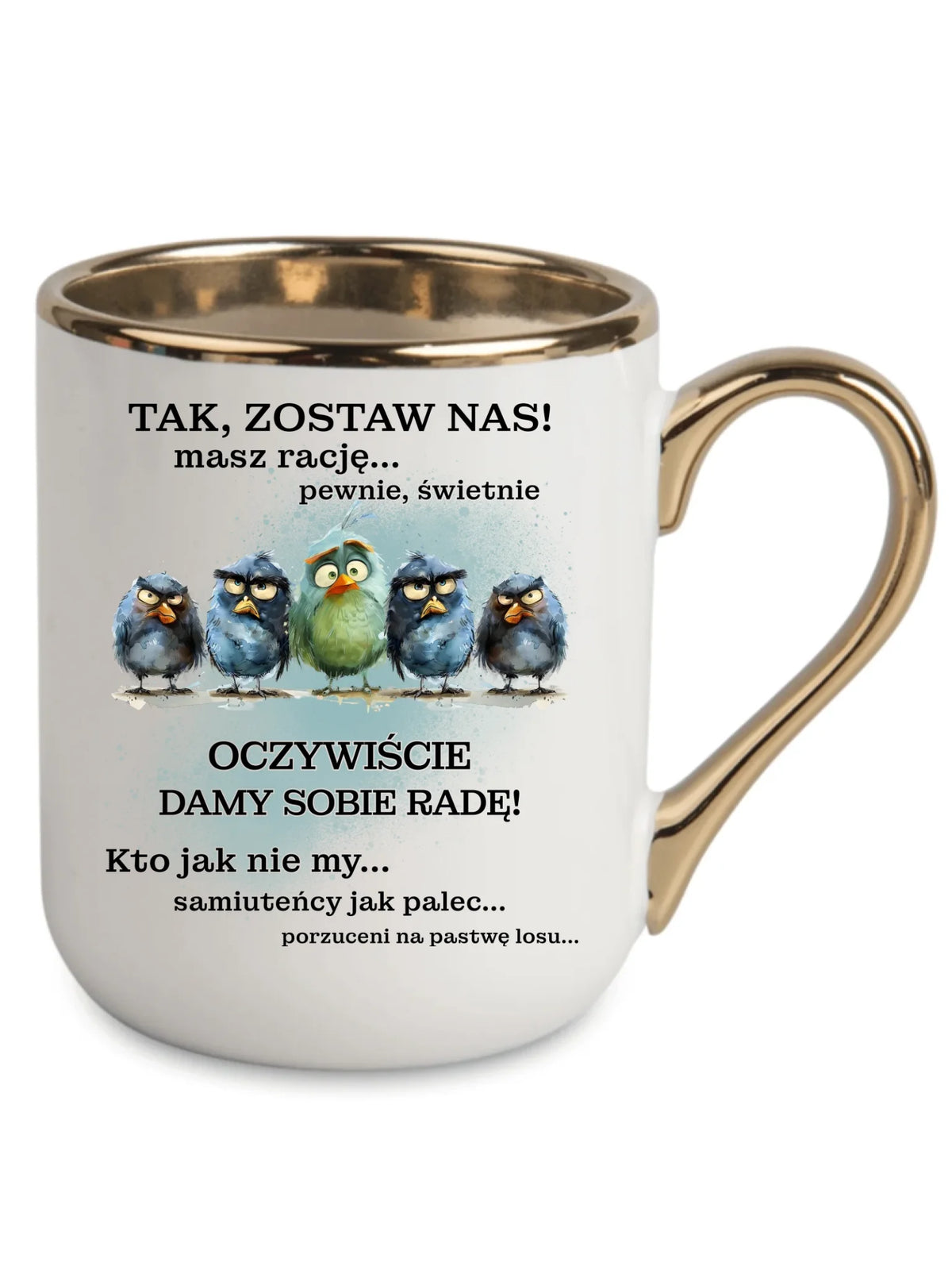 Biały kubek elegant ze złotym rantem na odejście z pracy - Tak, zostaw nas!