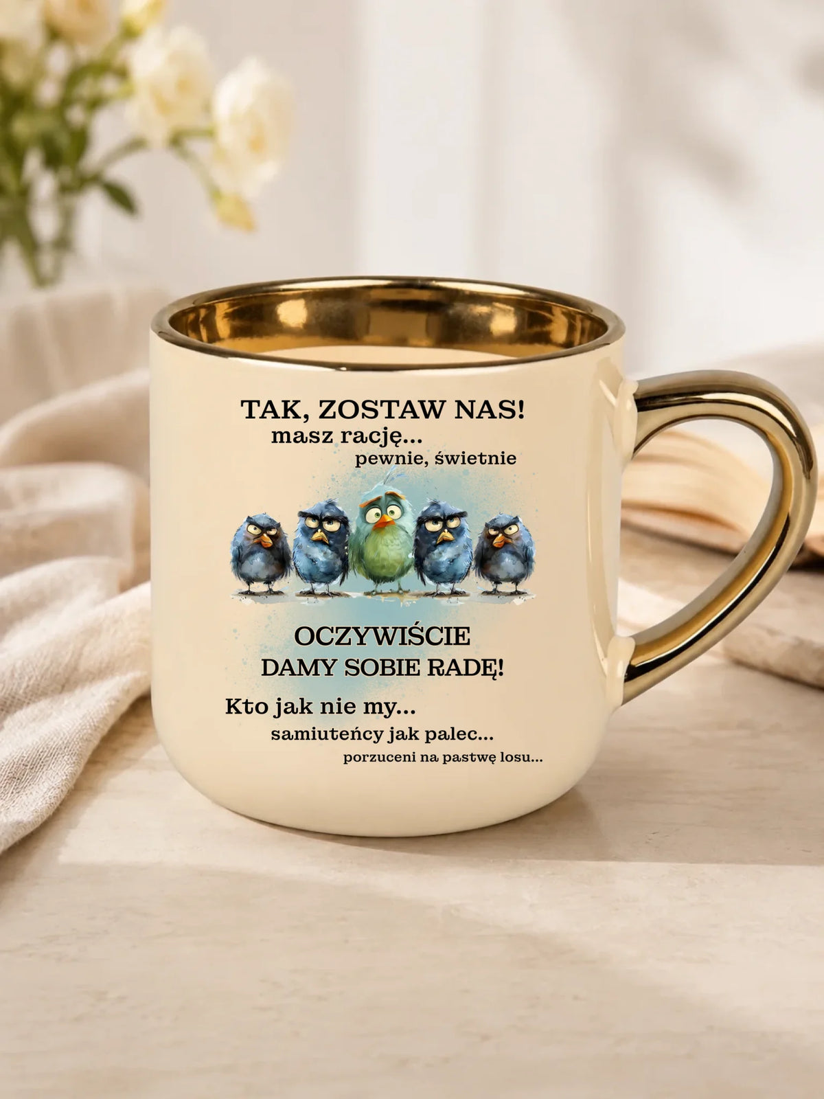 Prezent na odejście z pracy kubek ze złotym rantem z nadrukiem - Tak, zostaw nas!