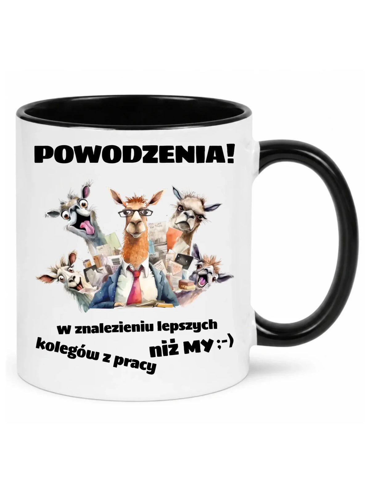 Biały kubek z czarnym środkiem i uchem dla koleżanki z pracy - Powodzenia w znalezieniu lepszych kolegów