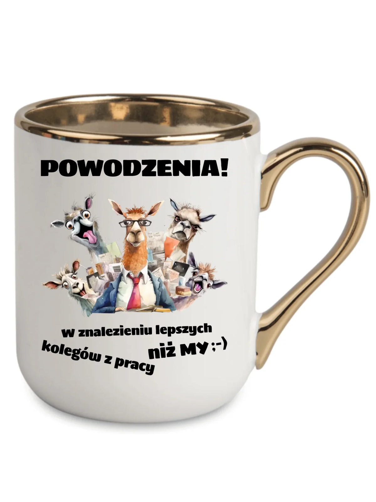 Biały kubek elegant ze złotym rantem i uchem dla współpracownika - Powodzenia w znalezieniu lepszych kolegów