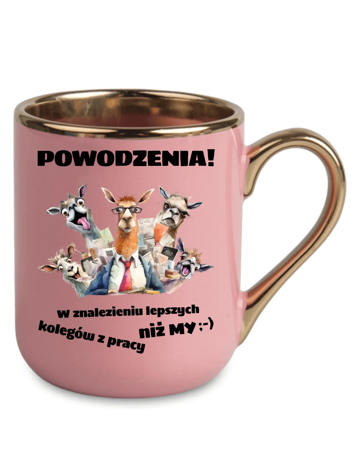 Różowy kubek elegant ze złotym rantem i uchem dla współpracownika - Powodzenia w znalezieniu lepszych kolegów