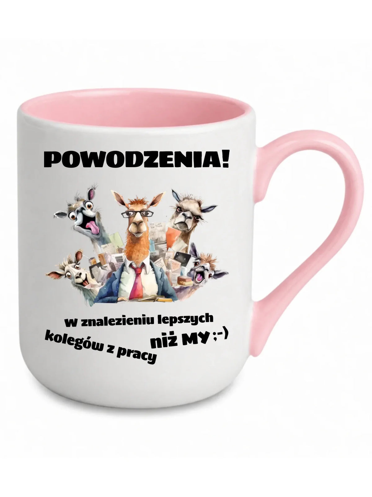 Biały kubek elegant z różowym środkiem i uchem dla współpracownika - Powodzenia w znalezieniu lepszych kolegów