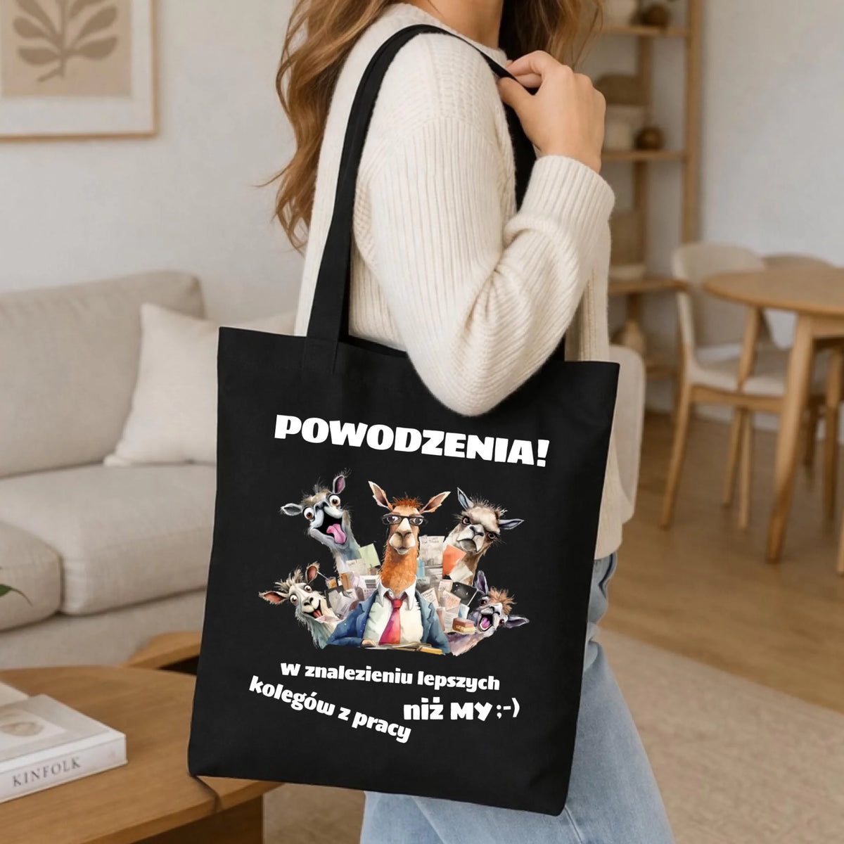 Prezent na odejście z pracy, czarna torba z nadrukiem - Powodzenia w znalezieniu lepszych kolegów
