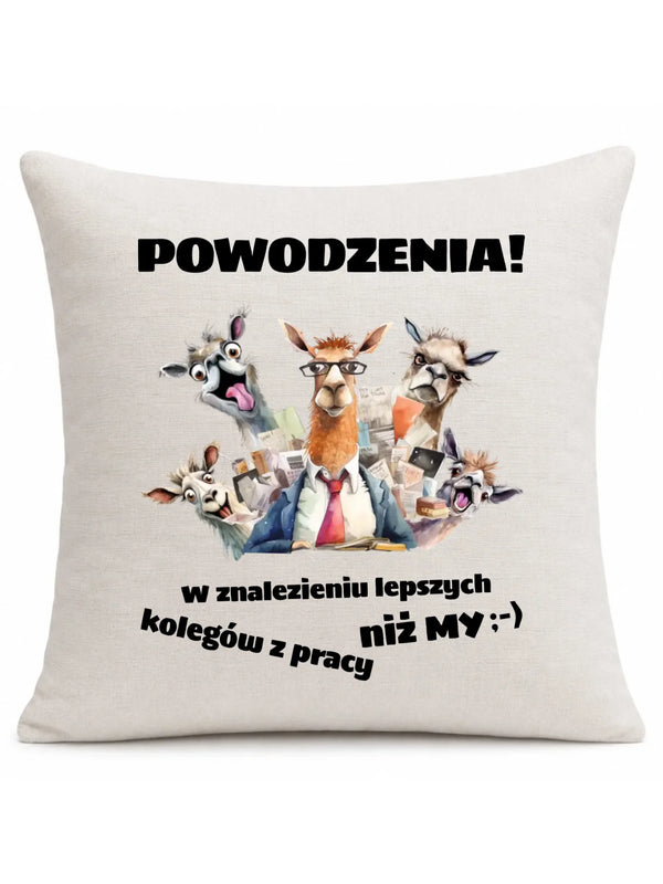 Beżowa poduszka lniana dla współpracownika - Powodzenia w znalezieniu lepszych kolegów