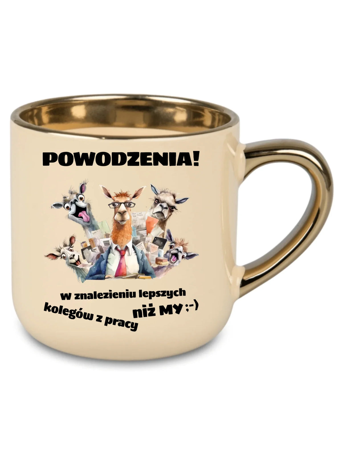 Kremowy kubek ze złotym rantem dla współpracownika - Powodzenia w znalezieniu lepszych kolegów