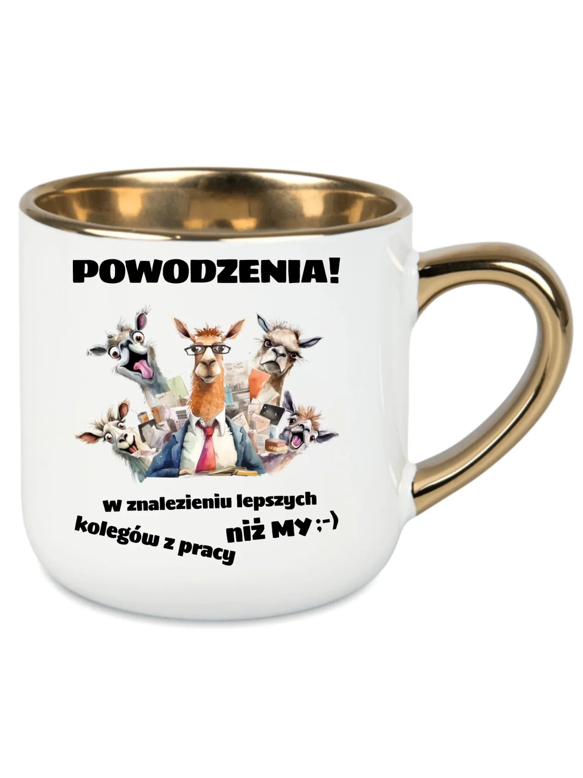 Biały kubek ze złotym rantem dla współpracownika - Powodzenia w znalezieniu lepszych kolegów