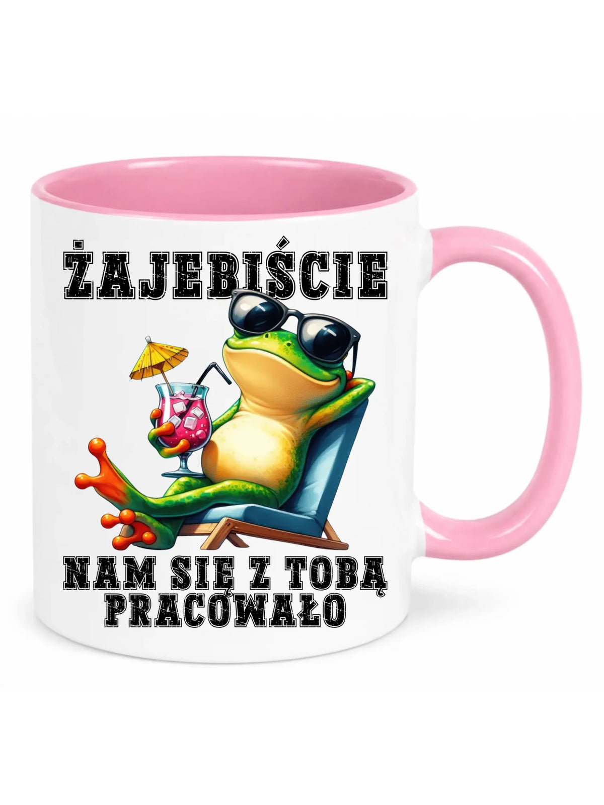 Biały z różowym środkiem i uchem kubek z żabą na leżaku - Żajebiście nam się z Tobą pracowało