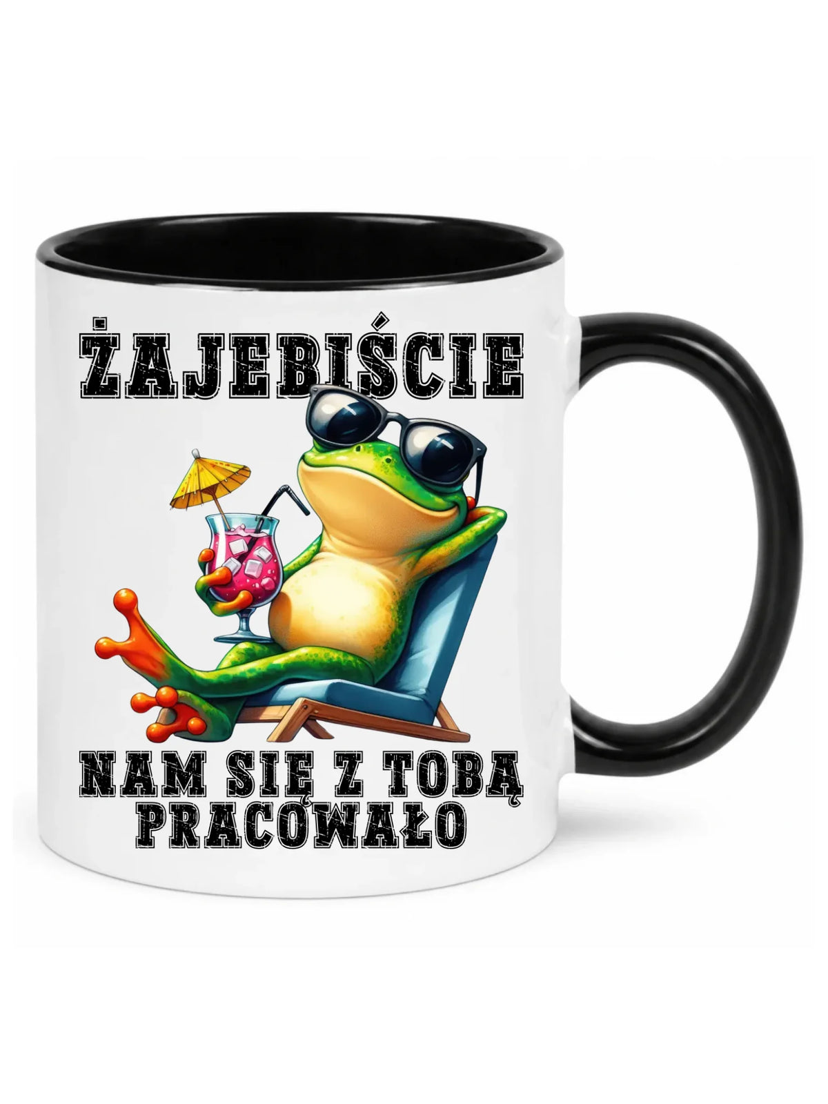 Biały z czarnym środkiem i uchem kubek z żabą na leżaku - Żajebiście nam się z Tobą pracowało